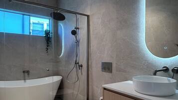 Hair dryer, towels, soap, toilet paper