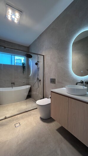 Hair dryer, towels, soap, toilet paper