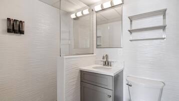 Hair dryer, towels, shampoo