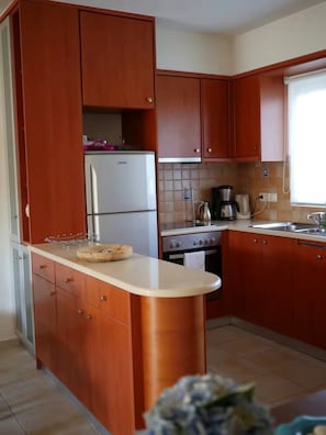 A kitchen with wooden cabinets, a refrigerator, a stove, and a sink. - Cassiopeia 1BR Apt on Beach with Pool (Pyrgos Psilonerou)