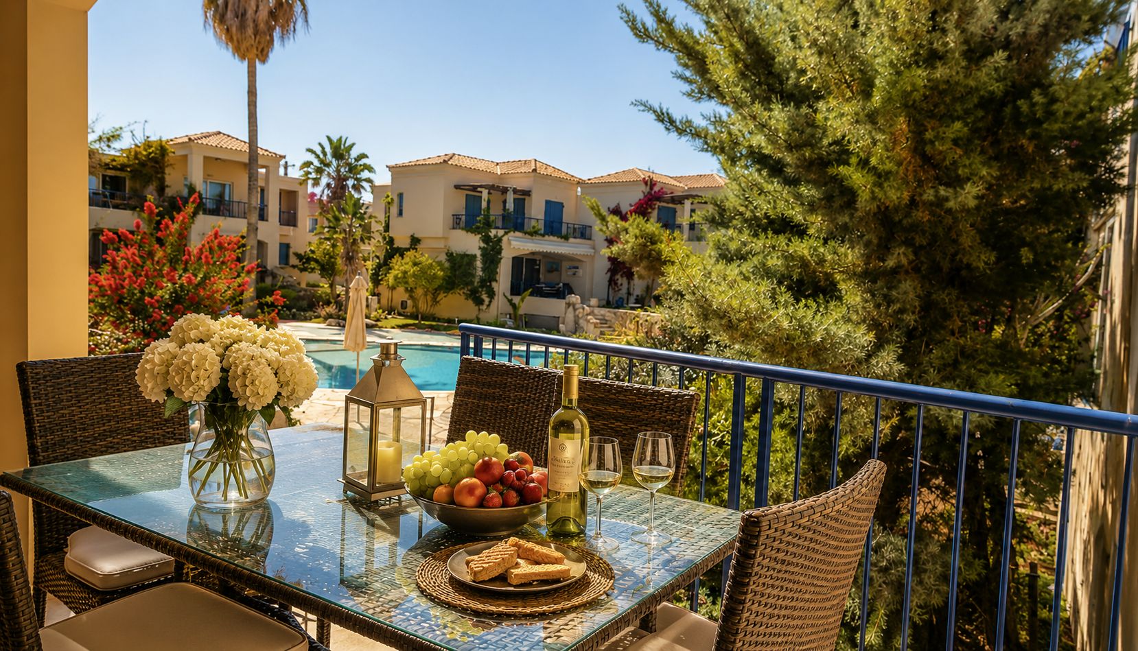 A balcony with a table set for two, featuring a vase of flowers, a bowl of fruit, a bottle of wine, and glasses.