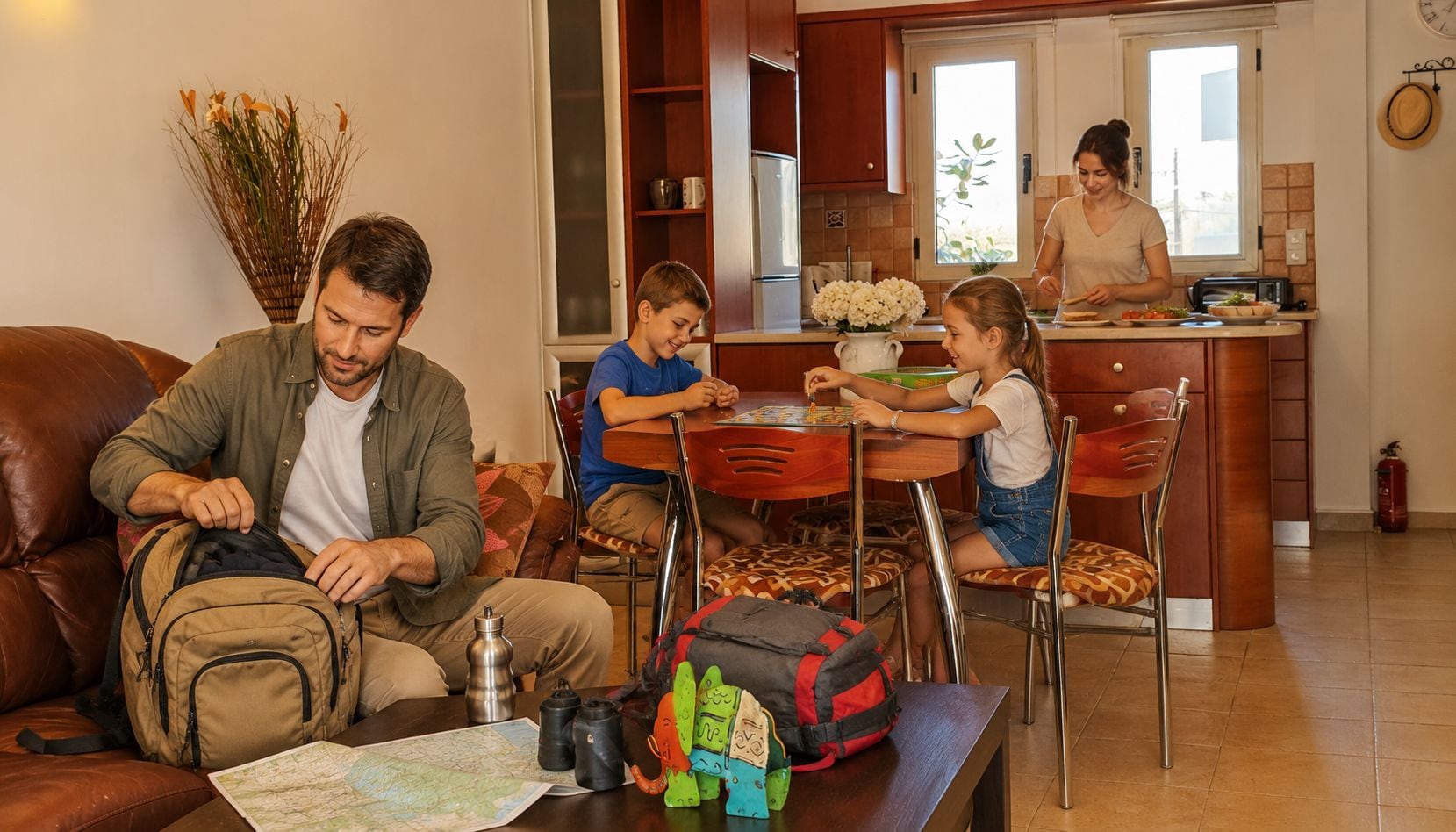 Eine Familie in einem Wohnzimmer mit einer Couch, einem Esstisch und einer Küche im Hintergrund.