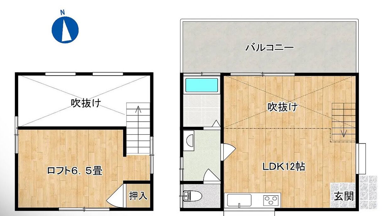 Two floor plans of a hotel room with a balcony, a kitchenette, and a bathroom.