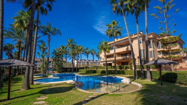 Zona de piscina con palmeras, un edificio con balcones y un cielo azul despejado.