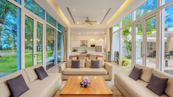 2 Bedroom Oceanfront Pool Villa | Living area | 32-inch Smart TV with satellite channels