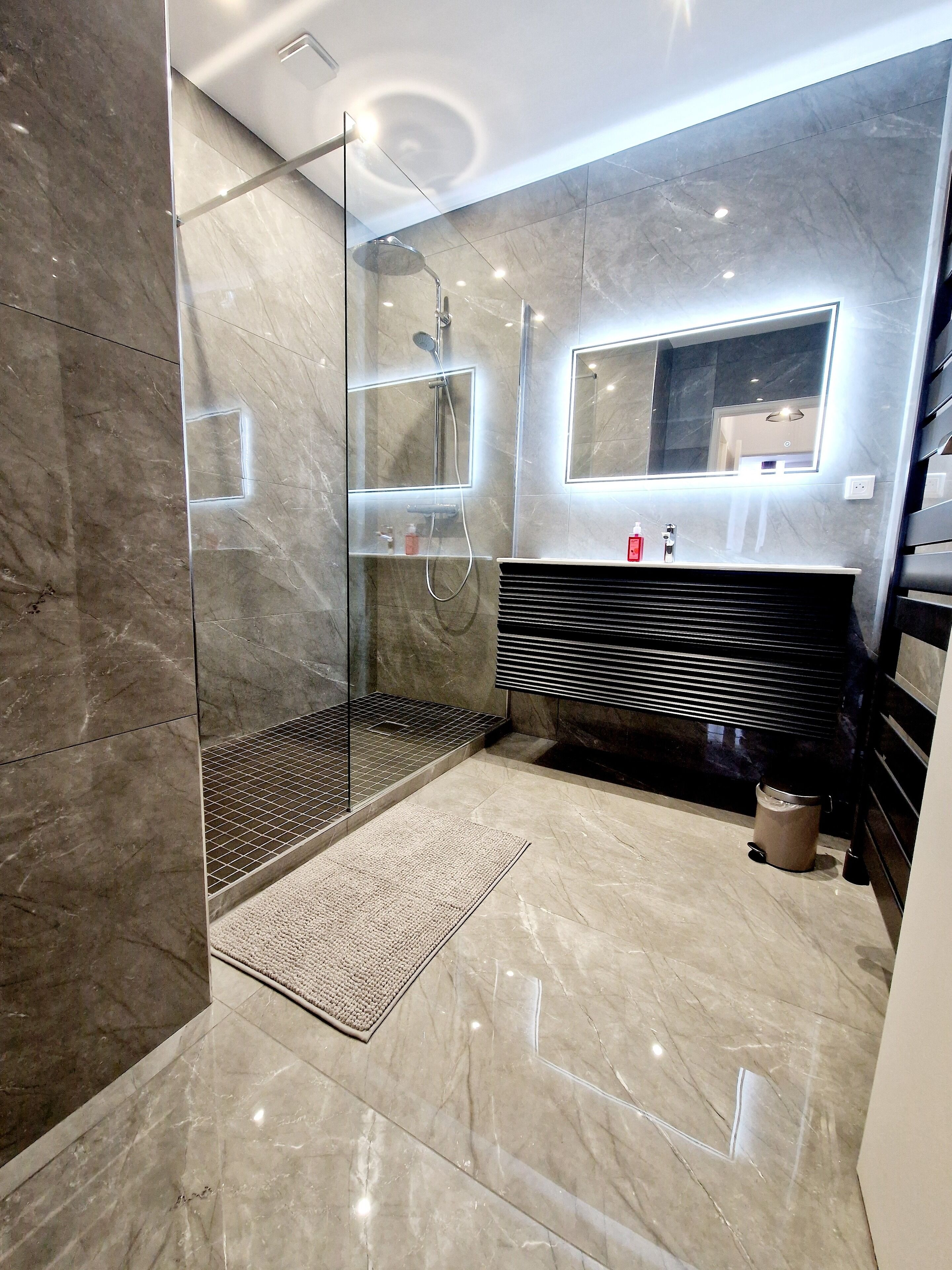 Shower, hair dryer, towels, toilet paper