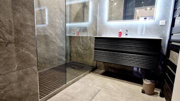 Shower, hair dryer, towels, toilet paper