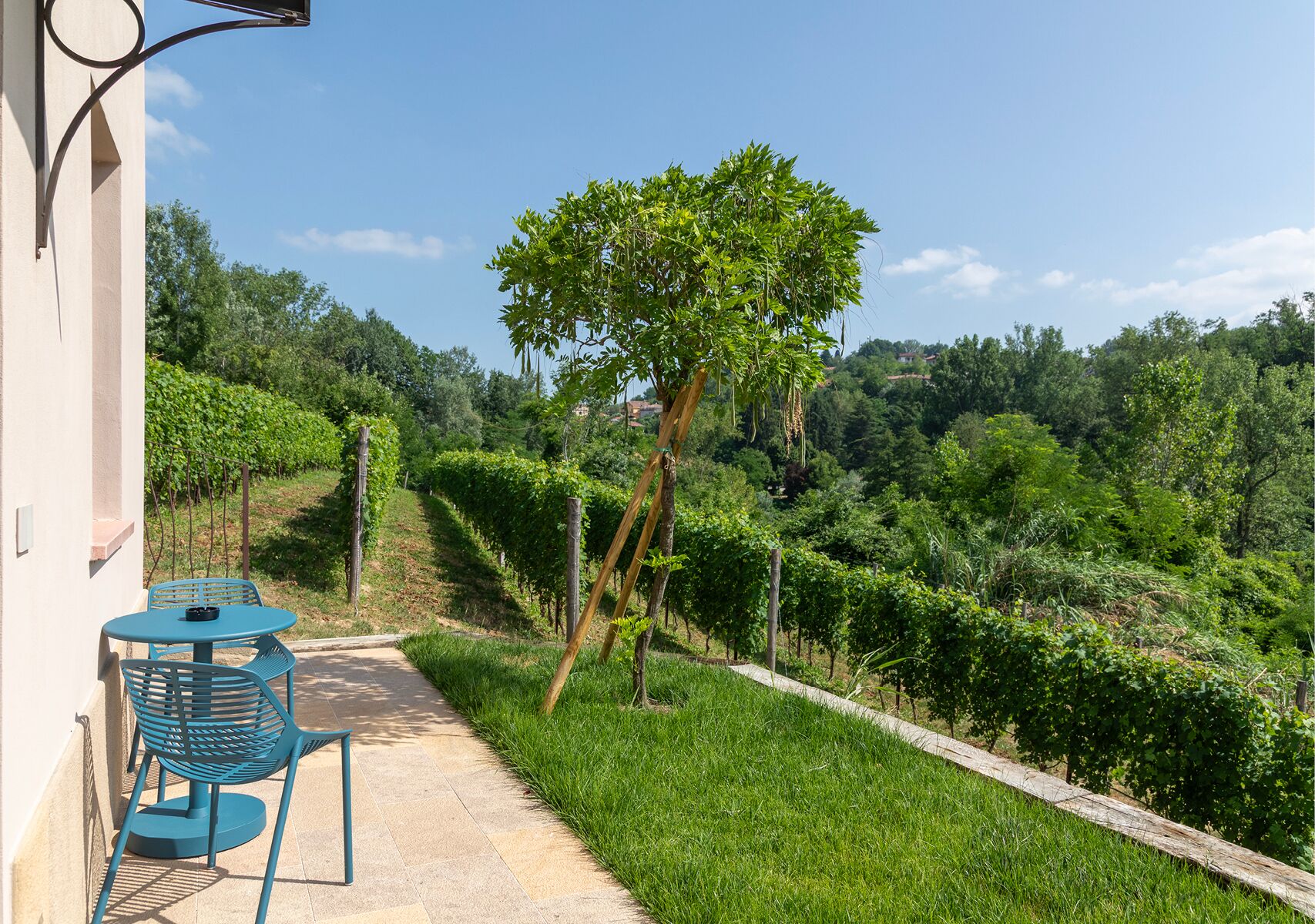 Una terraza con mesa y sillas, con vistas a un viñedo.