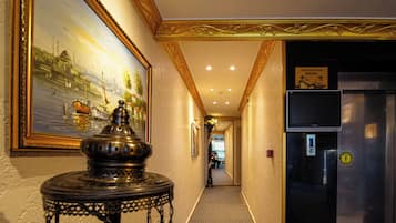 Corredor de hotel com um quadro, uma luminária decorativa e um elevador com placa indicando números de quartos.