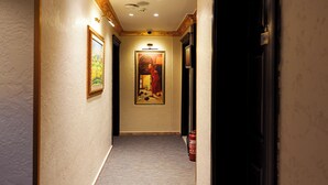 A hallway with a framed painting, a fire extinguisher, and a door with a number sign. - Grand Ambiance Hotel (Istanbul)