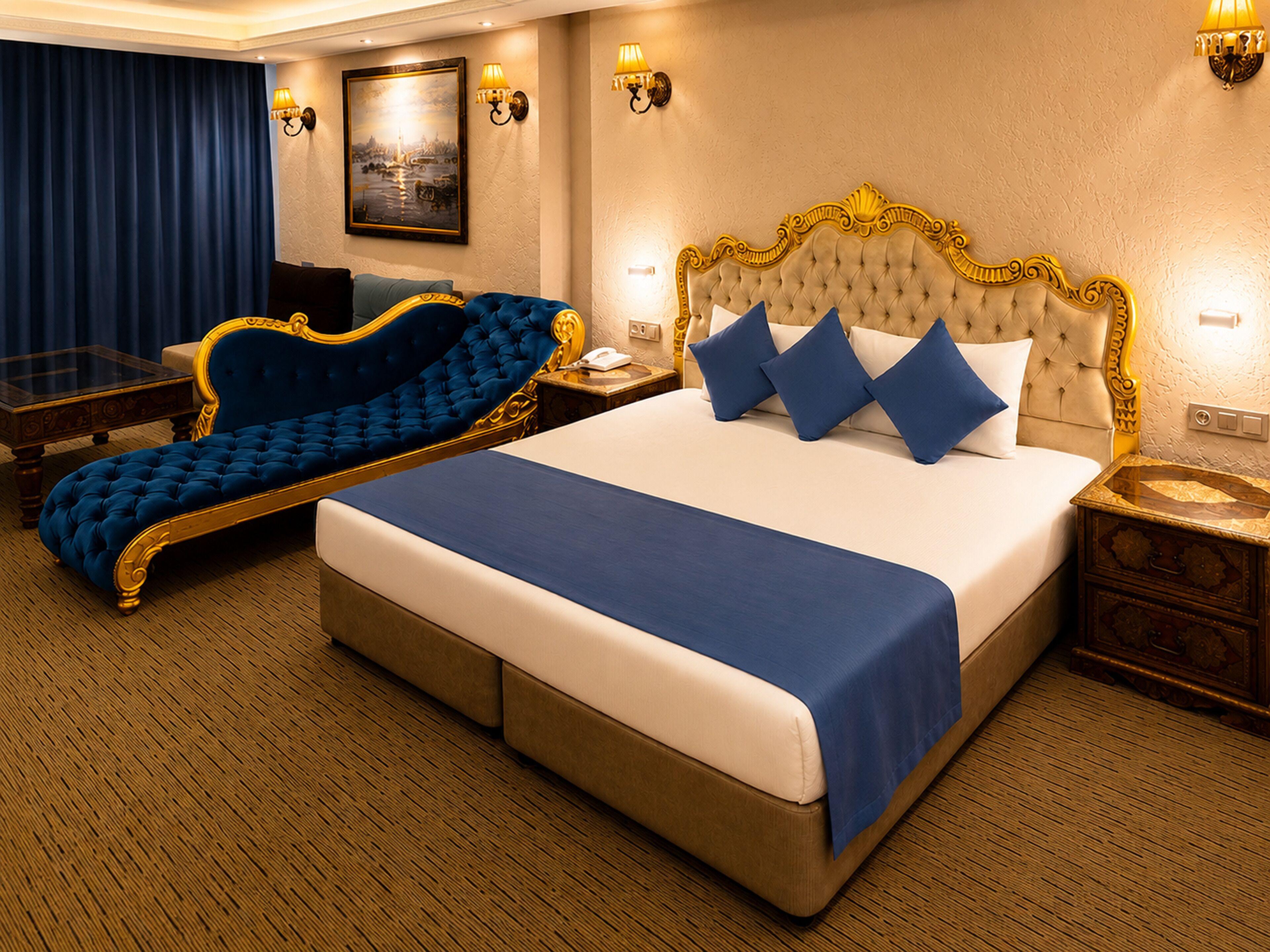 A hotel room with a large bed, a sofa, a nightstand, and a painting on the wall.
