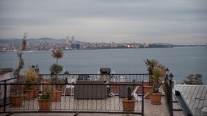A rooftop terrace with potted plants and a view of a city skyline across a body of water. - Grand Ambiance Hotel (Istanbul)