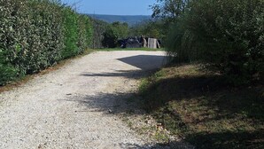 Un sendero de grava que lleva a un edificio con zona vallada y abundante vegetación a ambos lados.