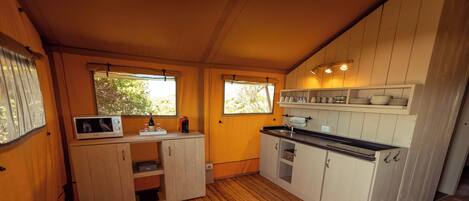 A compact kitchen with wooden flooring, built-in cabinets, and a microwave.