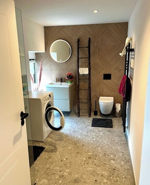 Hair dryer, towels, soap, toilet paper