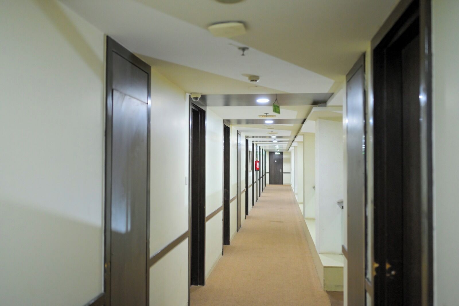 A long, narrow hallway with doors on both sides, a carpeted floor, and a ceiling with recessed lighting.