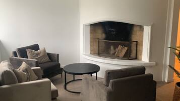 A modern living room with a fireplace, two sofas, a coffee table, and a potted plant.