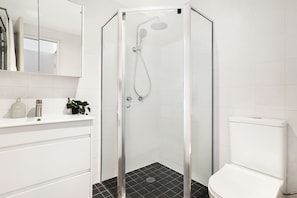 Shower, hair dryer, towels