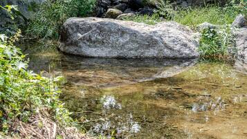 Entorno natural al aire libre con un cuerpo de agua cristalina, rodeado de rocas y vegetación.