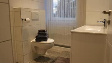 Dusche, Haartrockner, Seife, Toilettenpapier