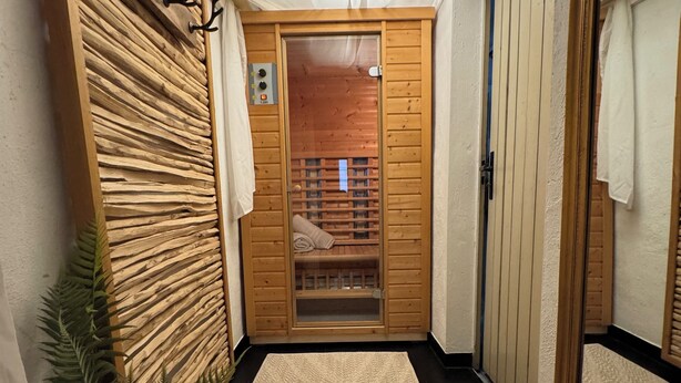 A hallway with a wooden wall, a glass door leading to a room, and a black floor. - Black Forest vacation apartment with dream terrace (Freudenstadt)