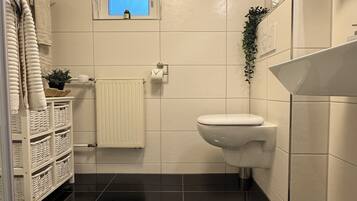 Dusche, umweltfreundliche Kosmetikartikel, Haartrockner, Handtücher