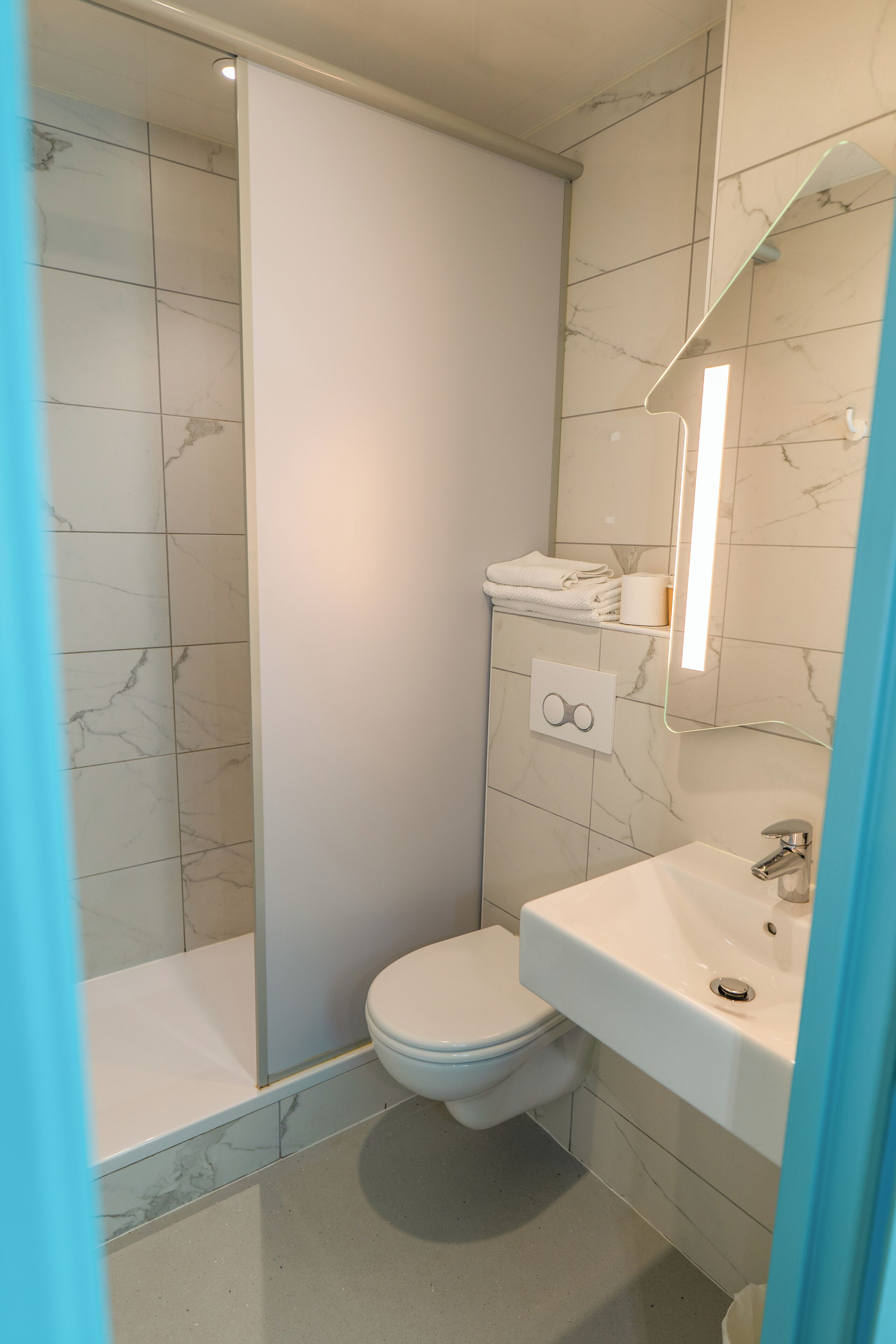 A modern bathroom with a glass shower enclosure, a white toilet, and a sink with a mirror above it.