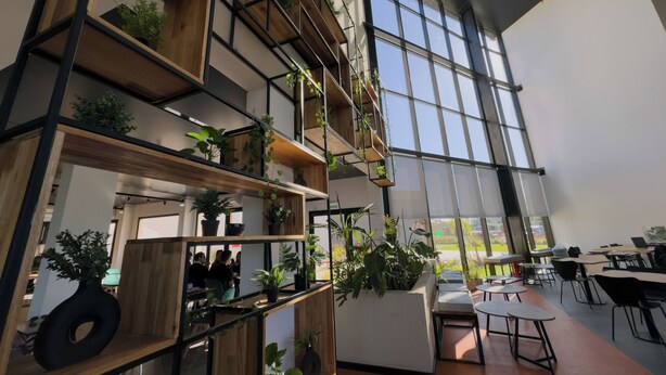A modern interior with high ceilings, large windows, and multiple wooden shelves with plants. - ibis Puerto General San Martin (Puerto General San Martín)