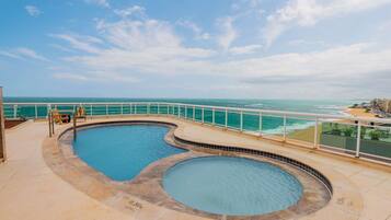 A rooftop pool with two separate sections, a clear view of the ocean, and a beach in the background.