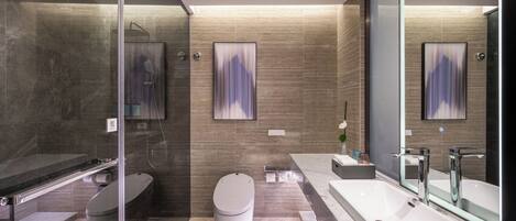 Une salle de bain moderne avec une douche à parois de verre, des toilettes séparées, un grand meuble-lavabo avec un miroir et une baignoire.