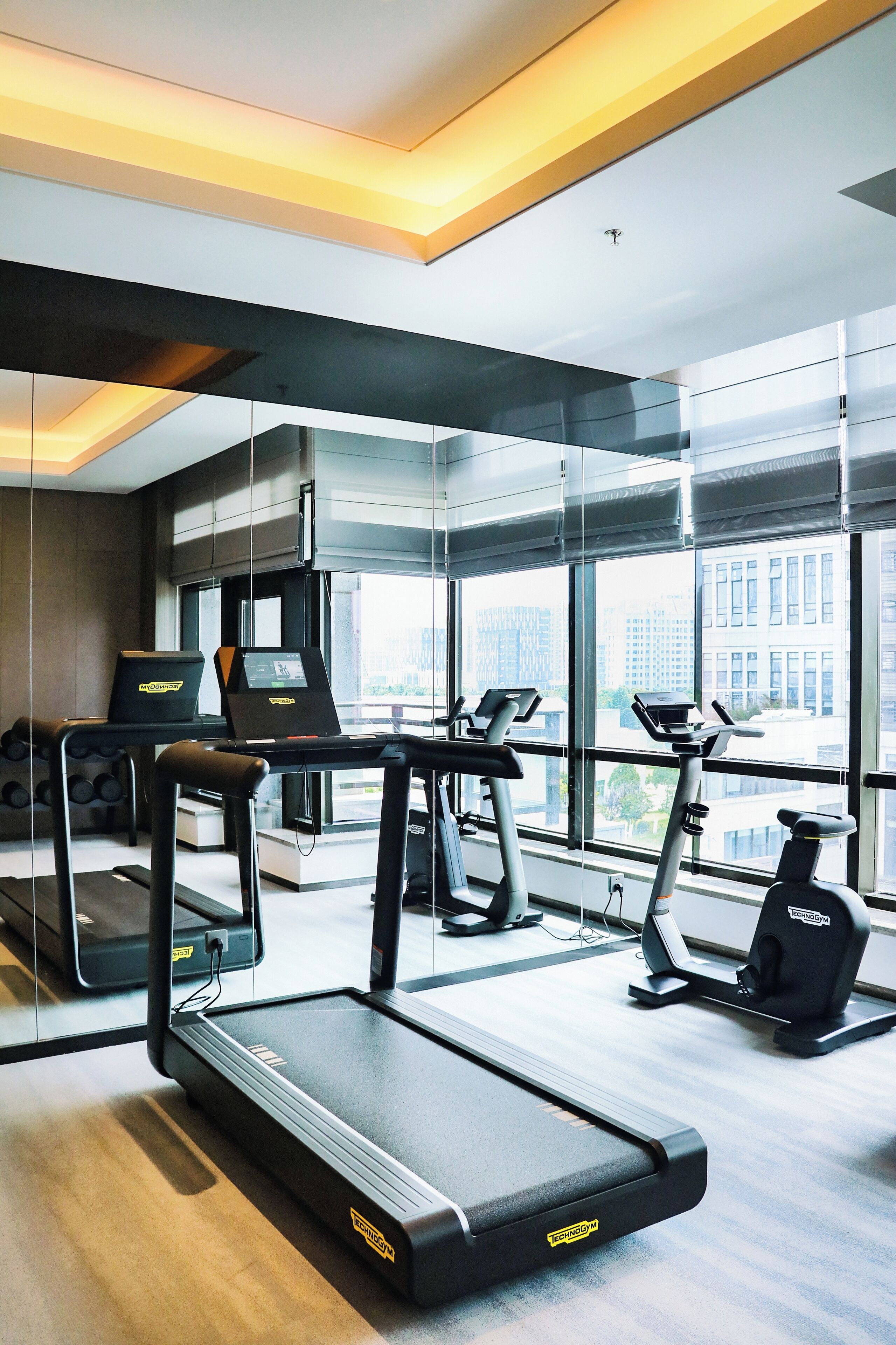 A modern gym with treadmills, stationary bikes, and a rowing machine.