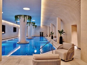 Indoor pool, open 9:00 AM to 9:00 PM, sun loungers