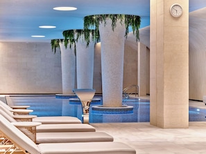 Indoor pool, open 9:00 AM to 9:00 PM, sun loungers