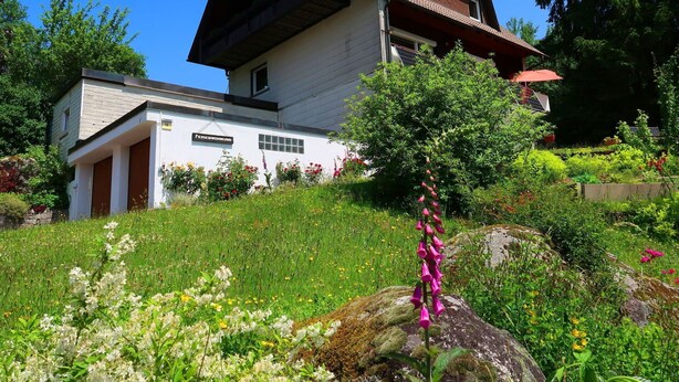 Una casa de dos pisos con techo inclinado, un balcón y un jardín con diversas plantas y flores.