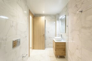 Hair dryer, towels, soap, toilet paper