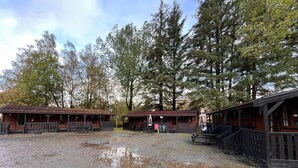Un bâtiment de style rustique, semblable à un chalet, avec un sol en gravier, entouré de grands arbres.