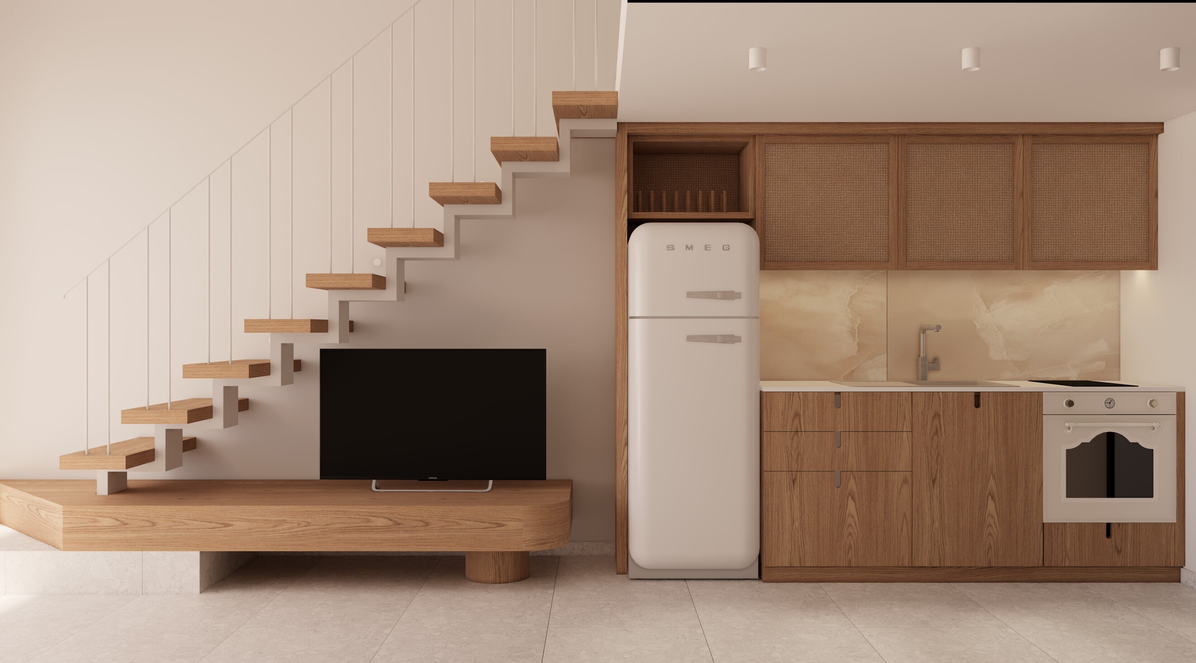 A modern kitchen with wooden cabinetry, a built-in refrigerator, and a flat-screen TV.