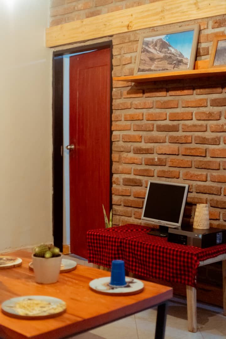 A room with a brick wall, a wooden door, a table with a red checkered tablecloth, a TV on a stand, and a small potted plant.