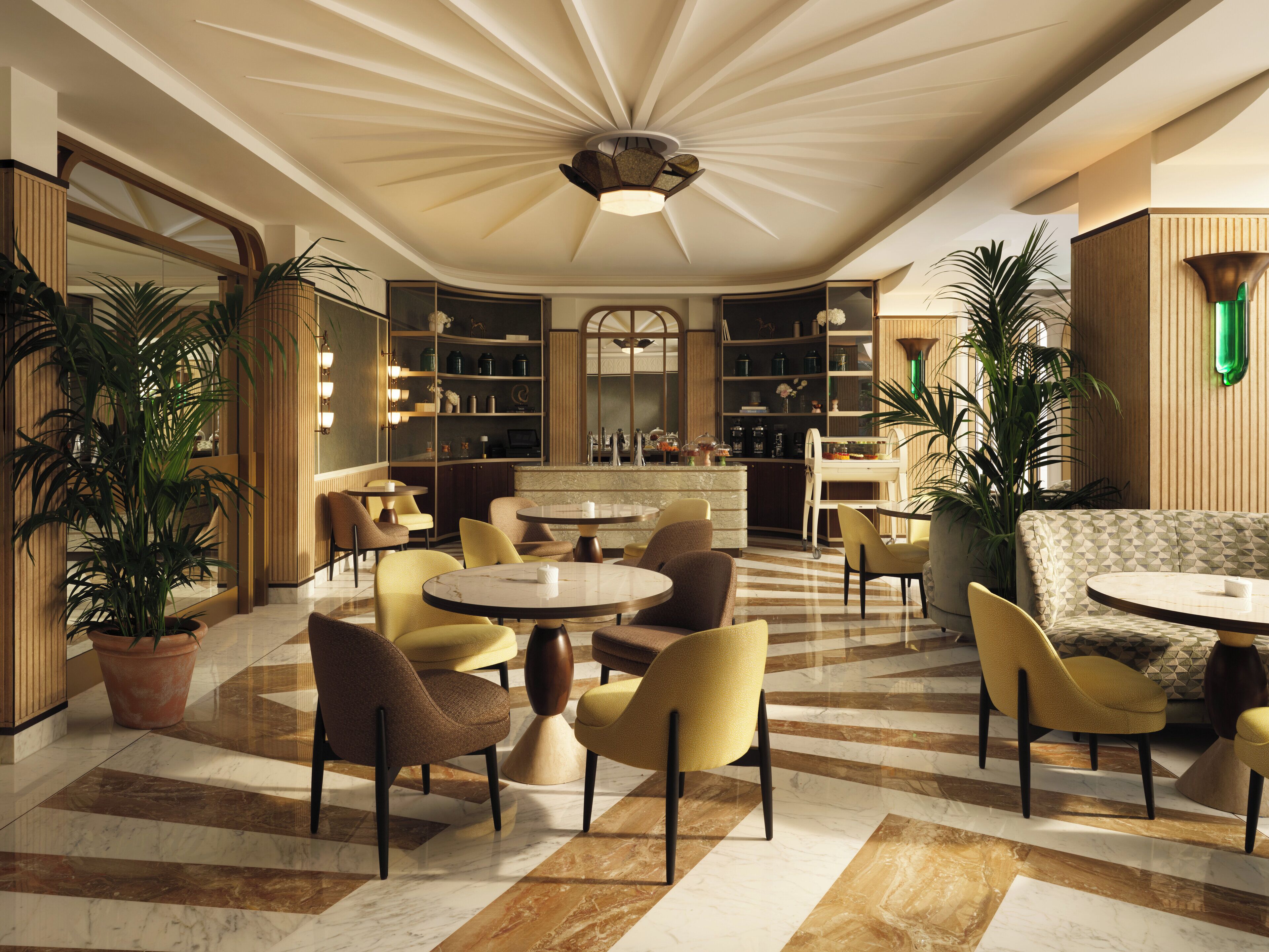 A spacious lounge area with multiple seating options, a central coffee table, and a decorative ceiling.