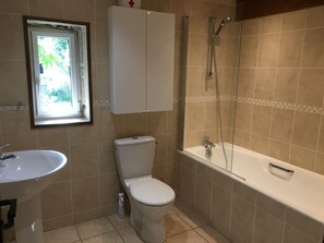 Hair dryer, towels, soap, shampoo