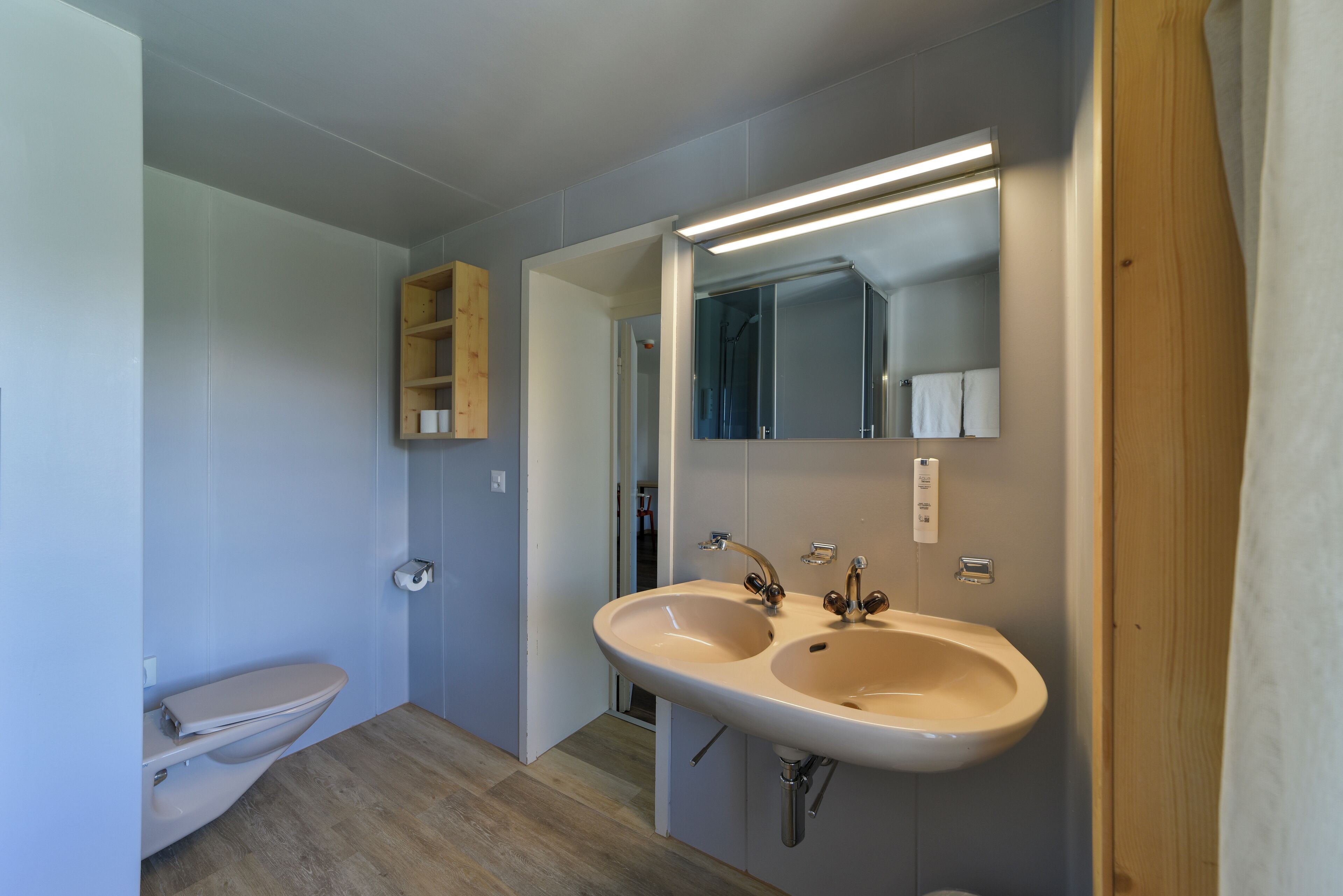 A modern bathroom with a toilet, two sinks, a mirror, and a wooden cabinet.