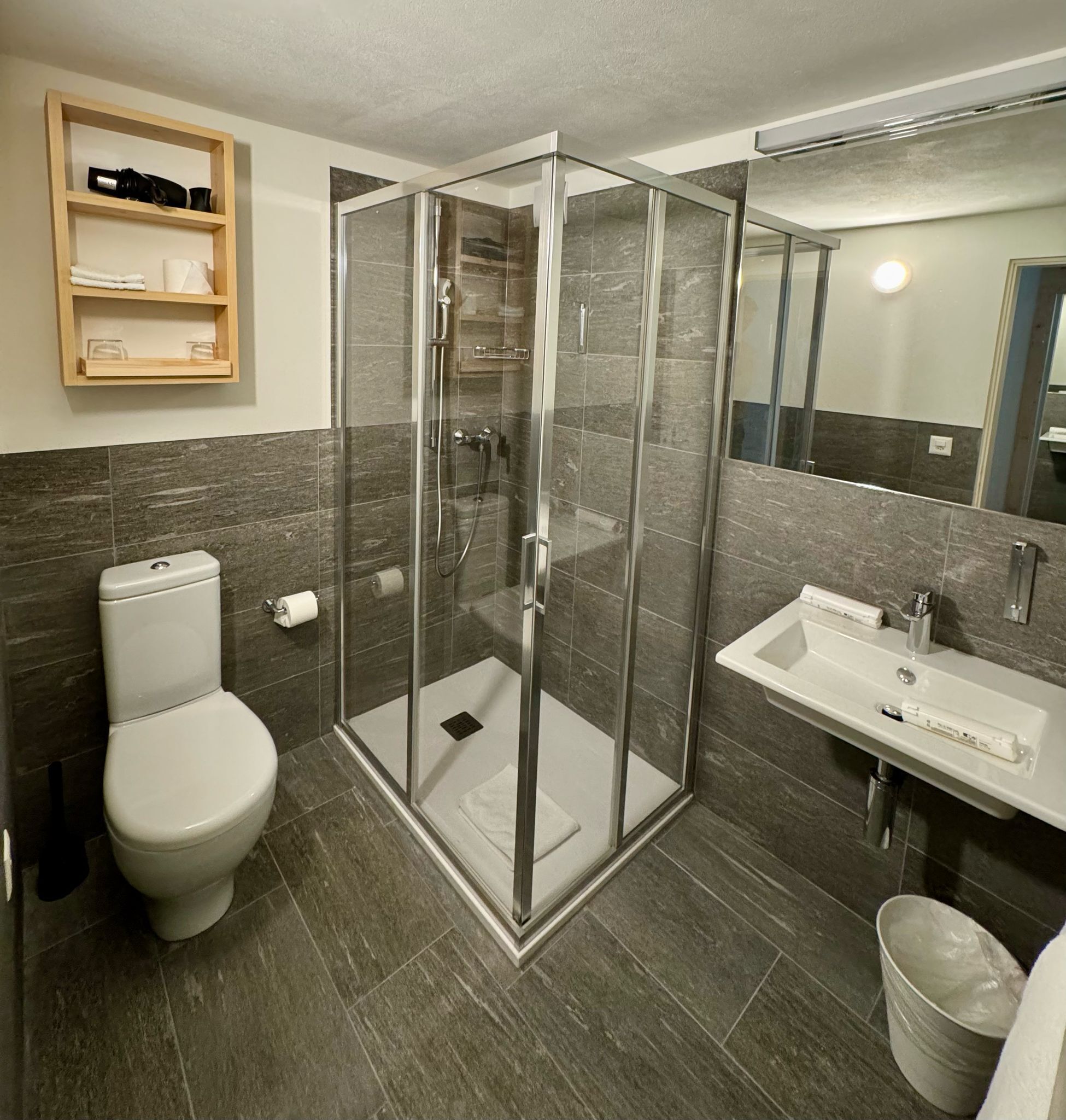 A modern bathroom with a glass-enclosed shower, a toilet, and a sink.