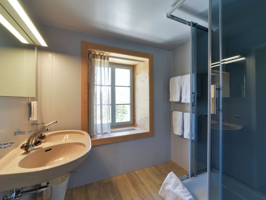 A modern bathroom with a large sink, a window with curtains, a glass shower enclosure, and a towel rack.