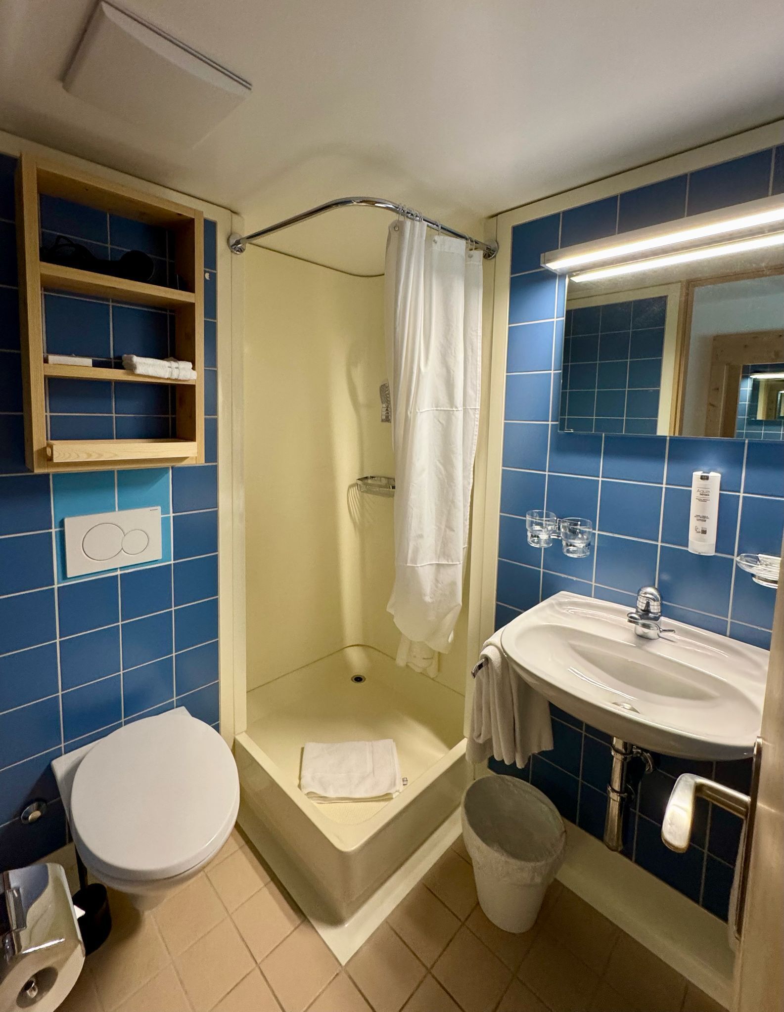 Une salle de bain équipée d’une douche, de toilettes, d’un lavabo et d’un miroir.
