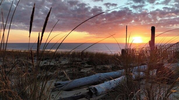 A beach scene with a sunset, sand, and grasses. - 3-bedroom house with garden in Arès, 500m from beach and lake (Arès)