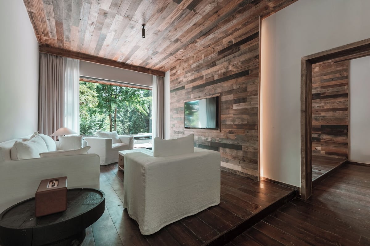 Un salon moderne avec un plafond en bois, une grande fenêtre avec des rideaux, un téléviseur à écran plat fixé au mur et un ensemble de canapés.