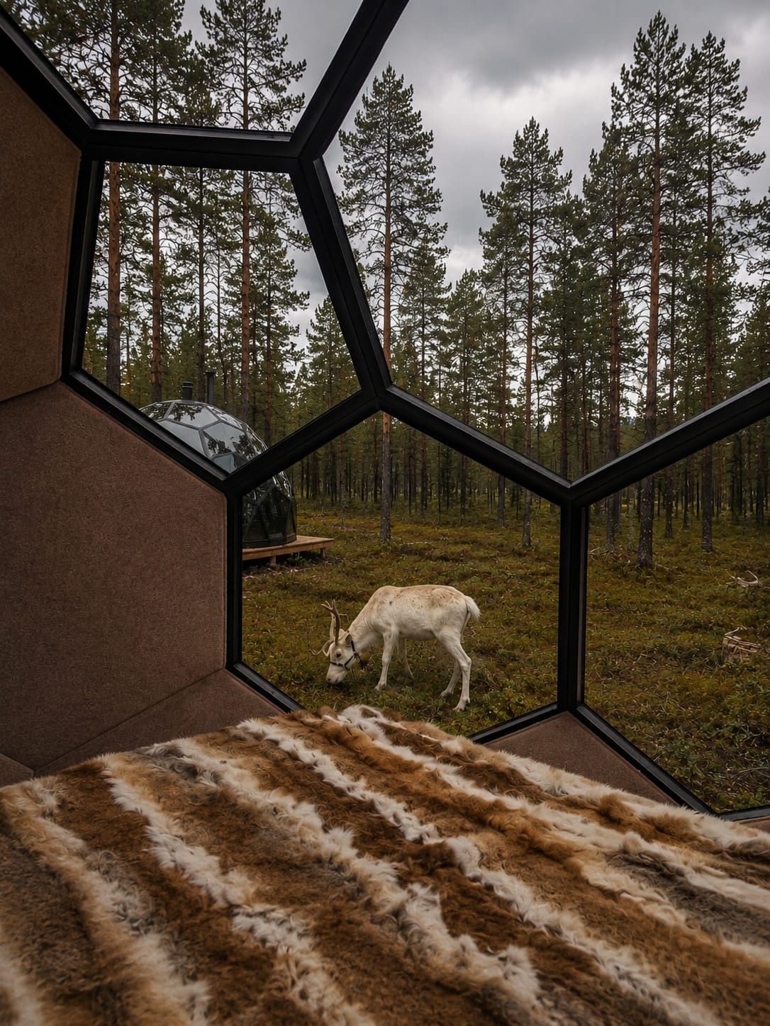 Una habitación con un ventanal hexagonal que da a un bosque donde pasta un ciervo blanco.