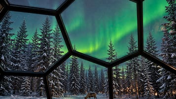 Une pièce dotée d’une fenêtre hexagonale donnant sur une forêt enneigée et sur les aurores boréales.