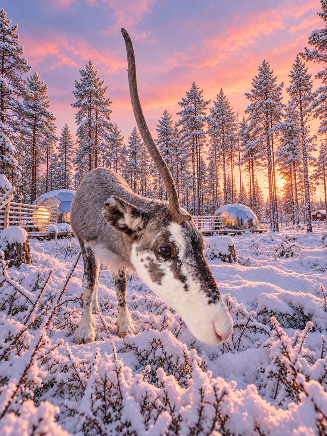 Un paisaje nevado con un gran animal, posiblemente un alce, en primer plano.
