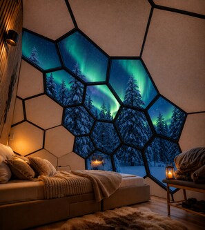 Une pièce avec un lit, un plancher en bois, un mur orné d’une fenêtre hexagonale donnant sur un ciel nocturne illuminé par des aurores boréales, et une petite table sur laquelle est posée une bougie.